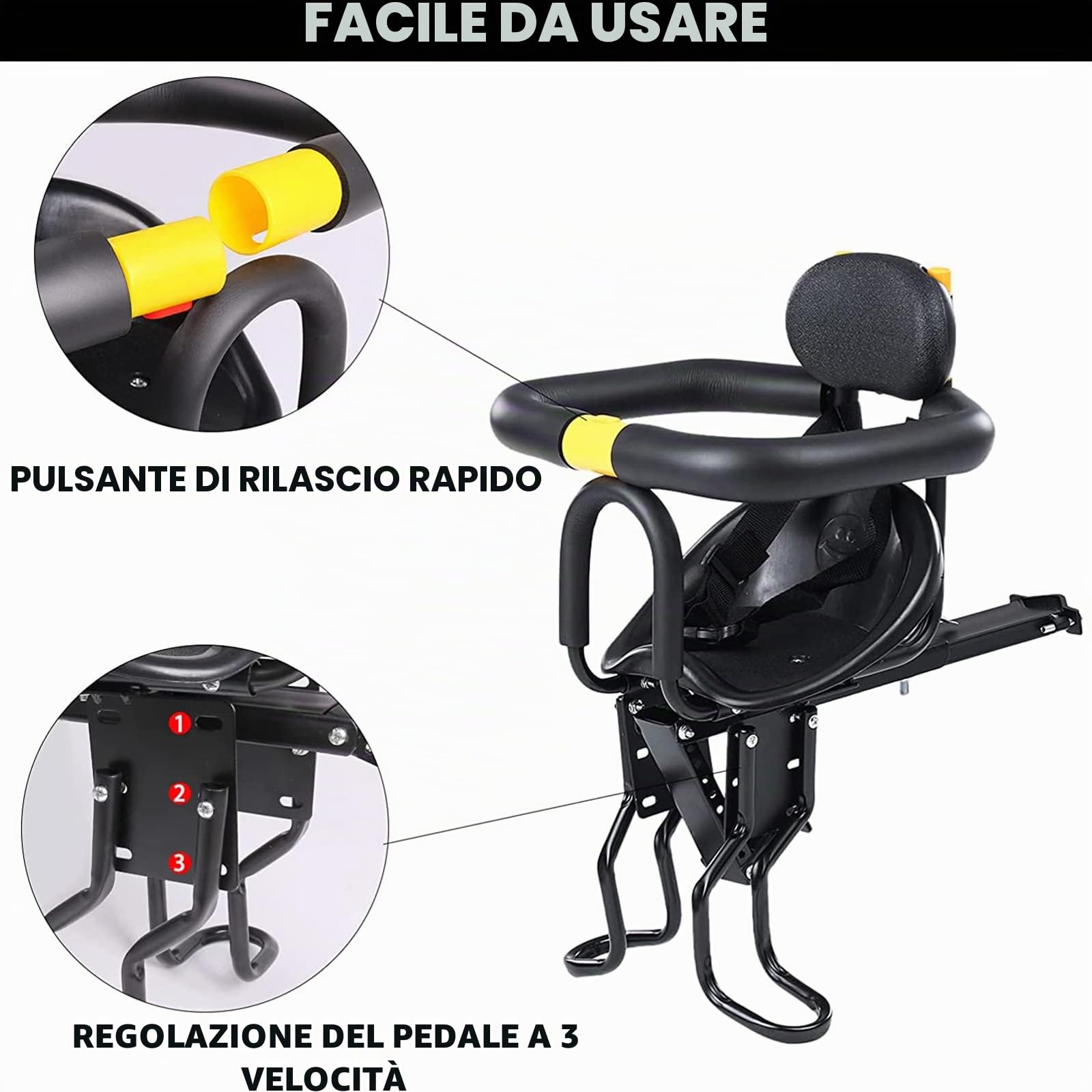 Honeyhouse Seggiolino Bicicletta Anteriore per Bambino | Pieghevole Sedile Seggiolino Anteriore con Braccioli e Pedale | per Bambini 2-6 Anni - Max 50KG