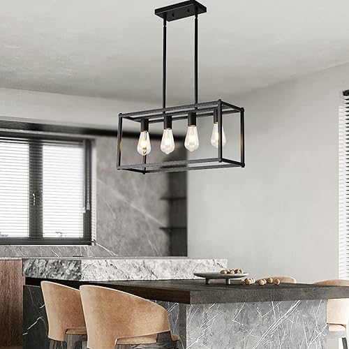 Miniatura 3 de LIGOTFIRE Candelabros modernos, rectangulares, color negro, 4 luces, accesorios de iluminación colgantes, jaula de isla de cocina, colgante lineal,