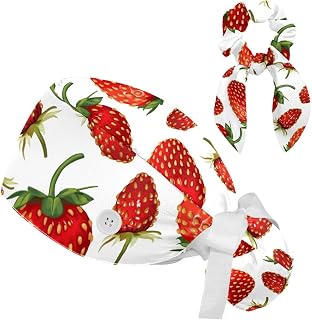 2 Pieces Surgical Cap for Long Hair Scrub Cap with Hairband Nurse Cap, Strawberries Fruit