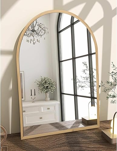 Miniatura 46 de Espejo de pared arqueado negro con marco de aleación de aluminio, espejo de baño de metal cepillado, espejo montado en la pared para sala de estar