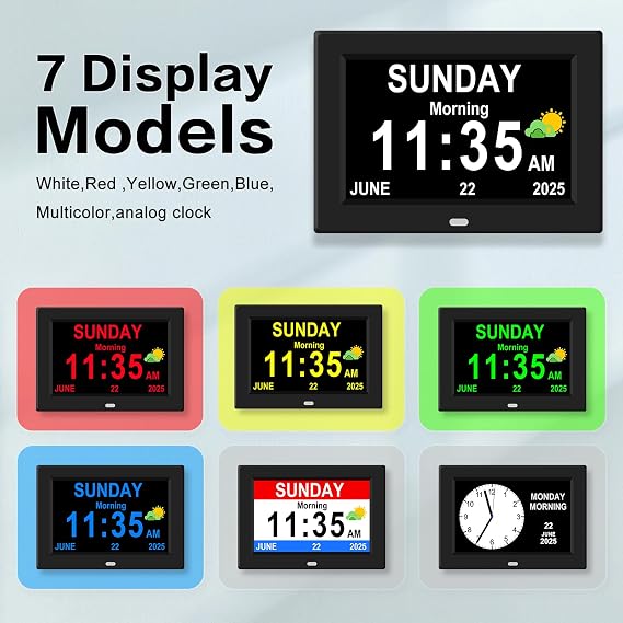 7 Digital Alarm Clock for Elderly Large Display for Seniors Electric Clocks with Date Day of Week 12 Alarms 4 Colors Desk Wall Calendar Clocks for Memory Loss Alzheimers Dementia Auto DST/Dimmer