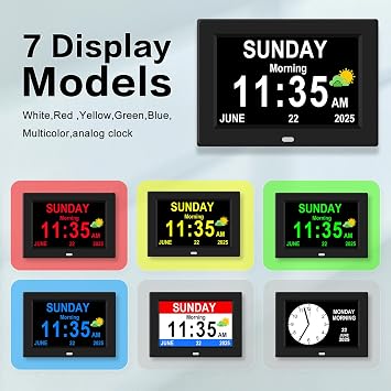 7 Digital Alarm Clock for Elderly Large Display for Seniors Electric Clocks with Date Day of Week 12 Alarms 4 Colors Desk Wall Calendar Clocks for Memory Loss Alzheimers Dementia Auto DST/Dimmer