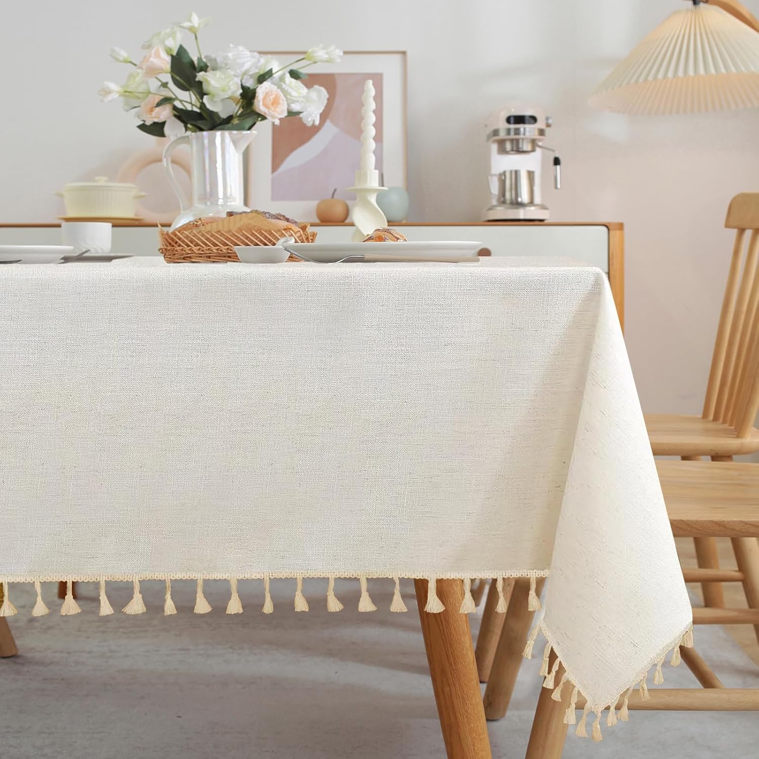 JIALE Textured Tablecloths, Heavy Duty Cotton Linen Farmhouse Table Cloth Rectangle Table, Waterproof Wrinkle-Free Rectangle Tablecloth for Kitchen, Dining, Parties, 55"x120", Ivory