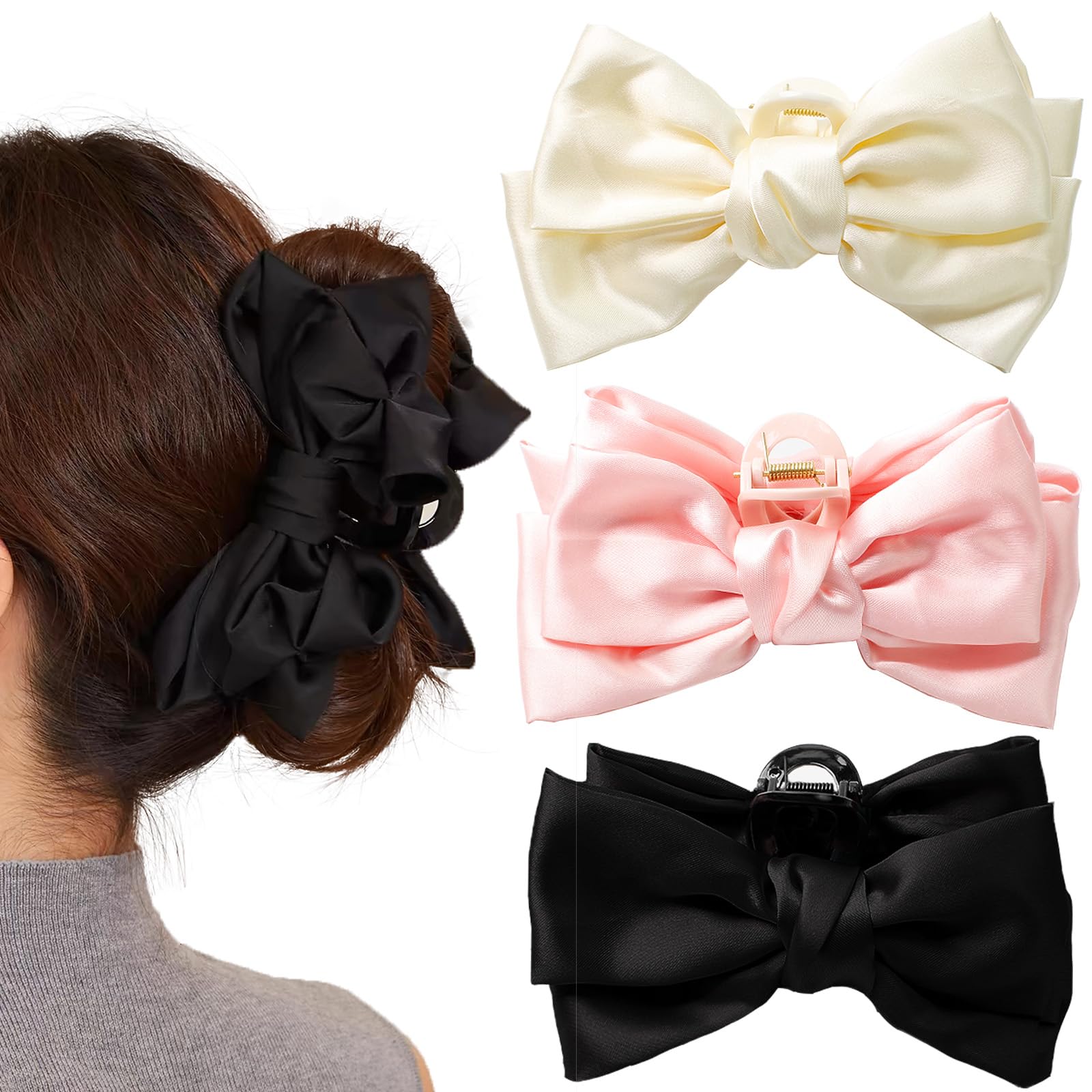 3 PCS Large Bow Hair Claw Clips Satin Bow Claw Clip for Women Girl with Long Thick Hair, 5.9 inch Elegant Bow Hair Ribbon Design for all types hair Big Hair Bow (Black+White+Pink)