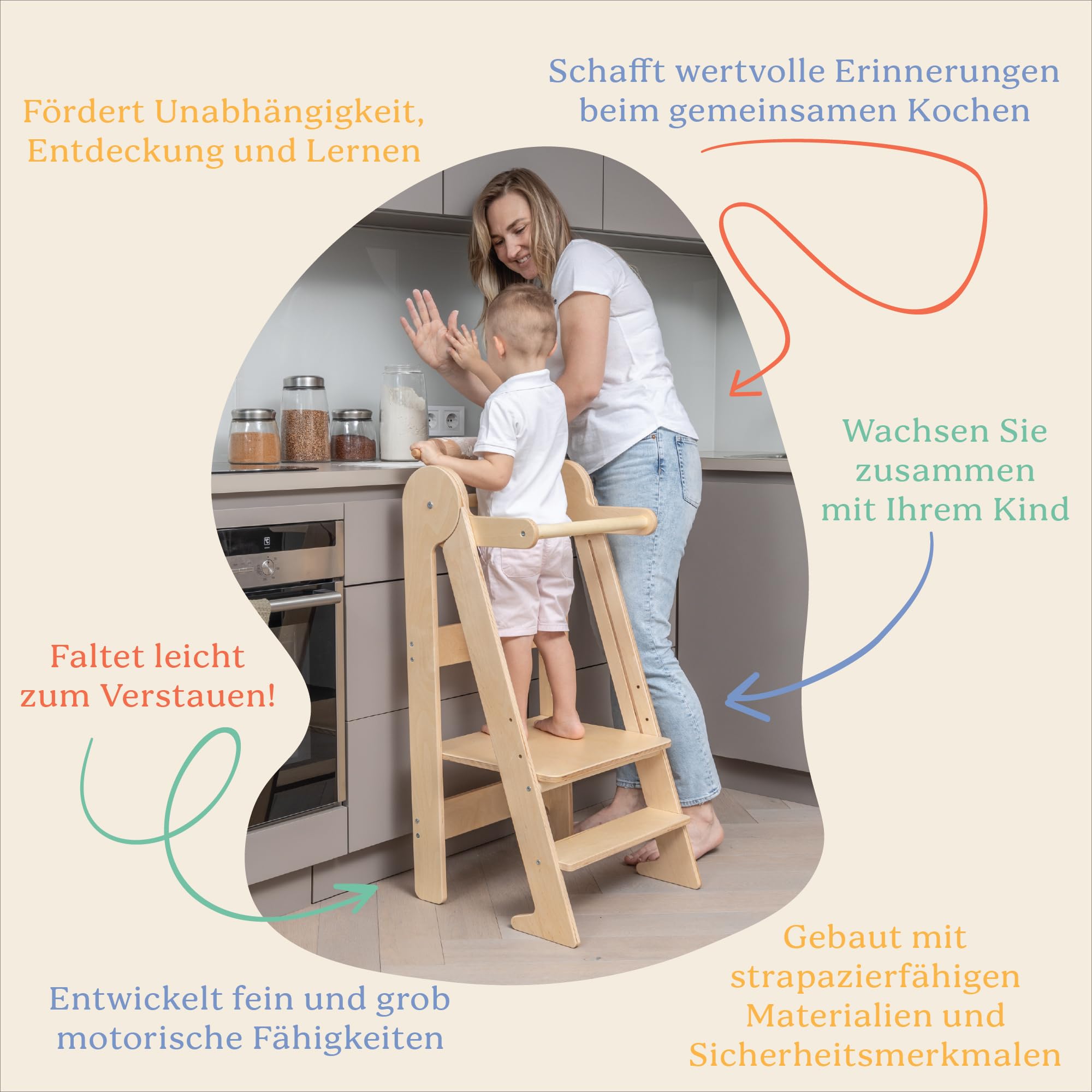 TOYBOX Montessori Kleinkind-Turm & faltbarer Holz Tritthocker - Faltbare Küchenhilfe für Kleinkinder, Kinder Lernen & Steh-Möbel