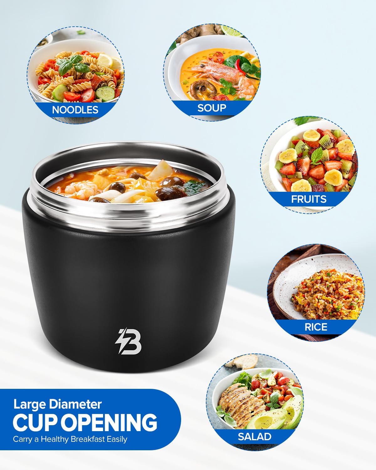 Thermo for Hot Food for Adults, 40oz Wide Mouth Soup Thermo with Spoon, Black