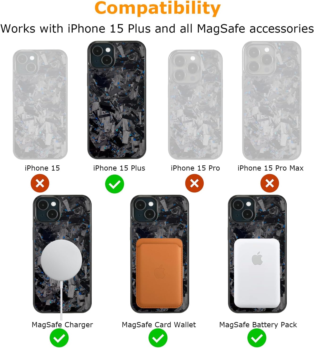 molzar Grip Series for iPhone 15 Plus Case with Real Forged Carbon Fiber, Grippy Edges Design, Built-in Magnets, Compatible with MagSafe Chargers and Accessories, Glossy Black/Blue