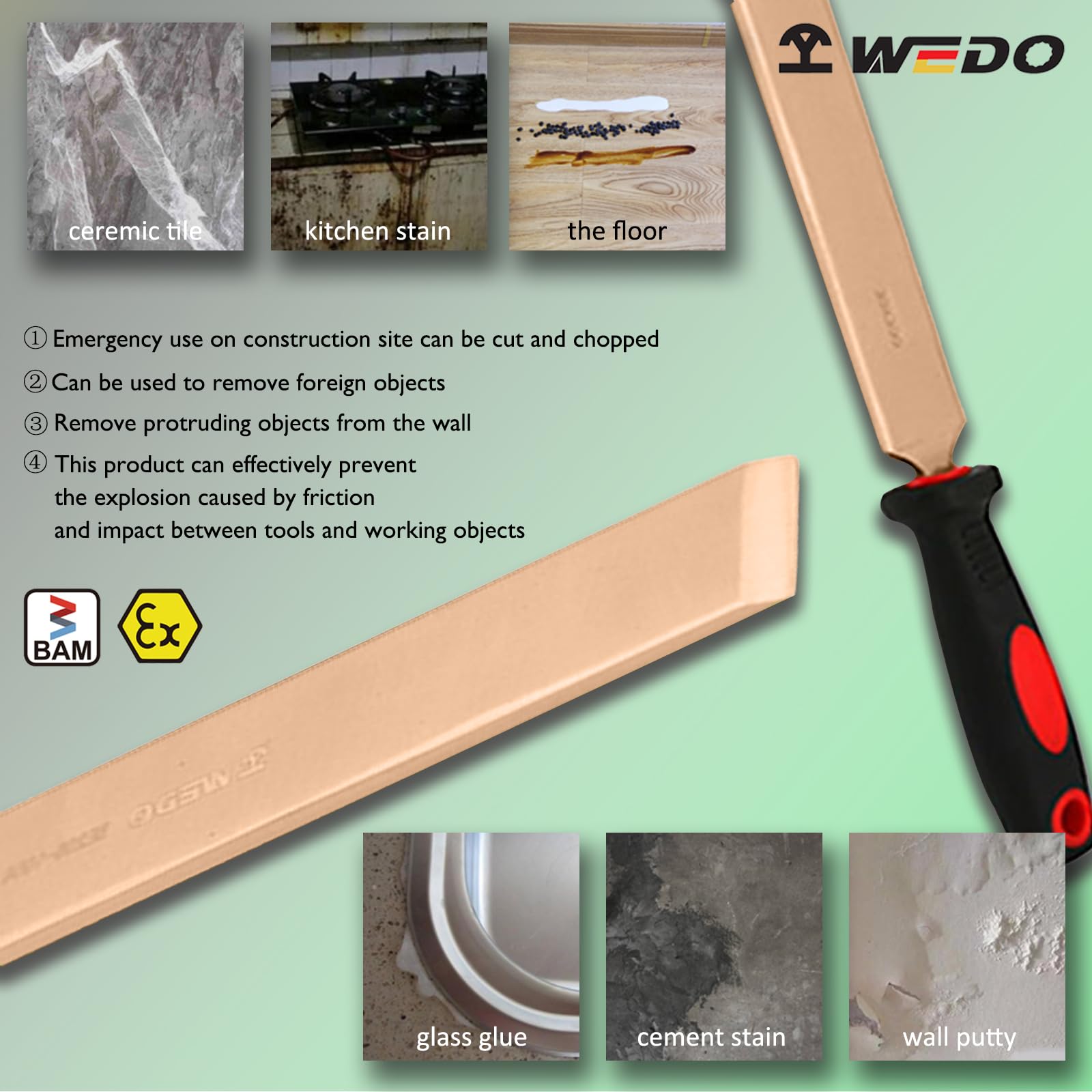 WEDO Raschietto piatto senza scintille con lama dritta e manico confortevole, strumento di sicurezza senza scintille, rame al berillio, non magnetico,BAM e FM, lunghezza 16", 400 * 60 * 460mm