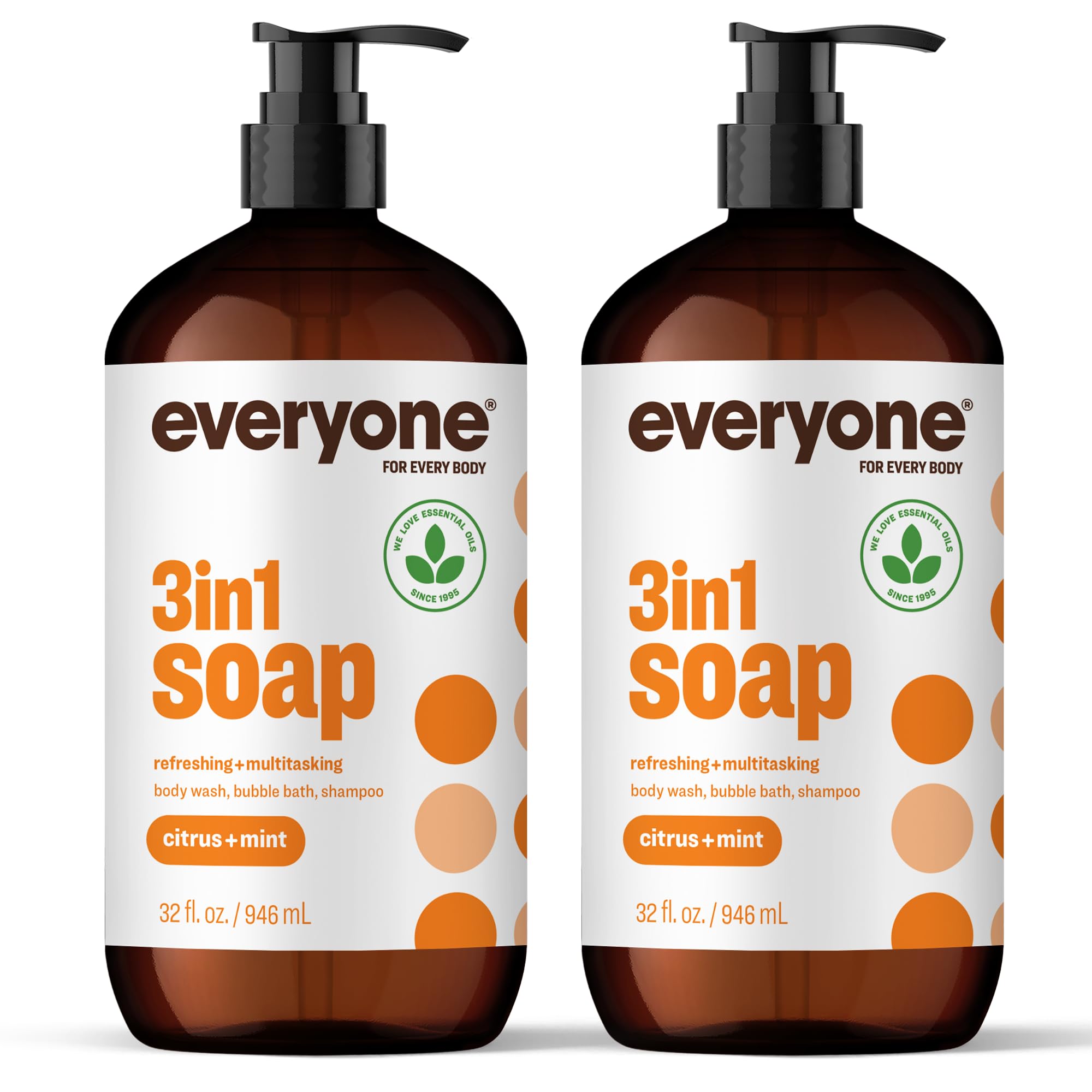 Everyone 3-in-1 Soap, Body Wash, Bubble Bath, Shampoo, 32 Ounce (Pack of 2), Citrus and Mint, made with Essential Oils for Men and Women
