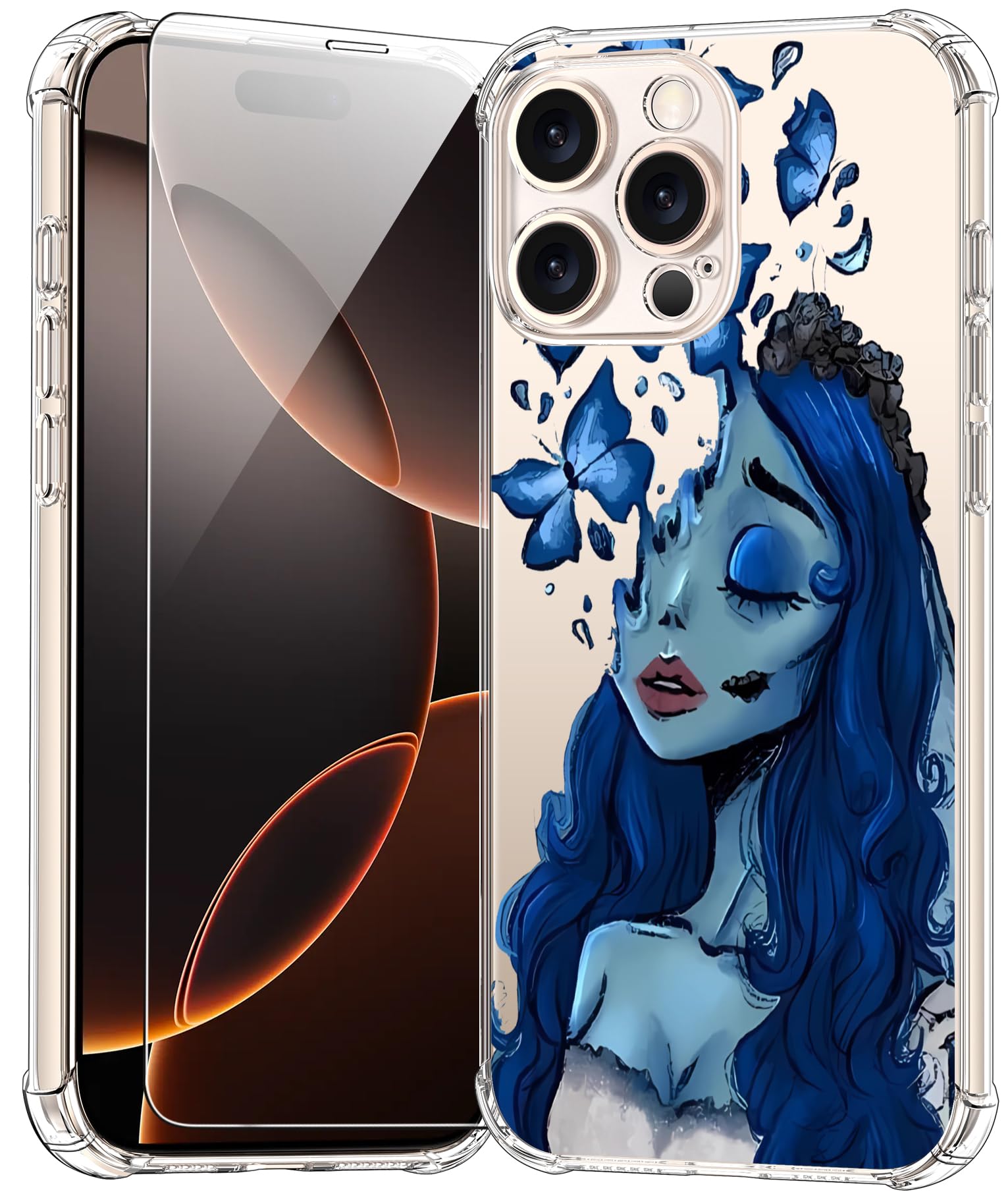 bicol for iPhone 16 Pro Max Case with Screen Protector,Enhanced Camera Protection,Clear TPU Cover with Trendy Designs for Girls Women,Slim Fit Protective Phone Case,Blue Butterfly Face
