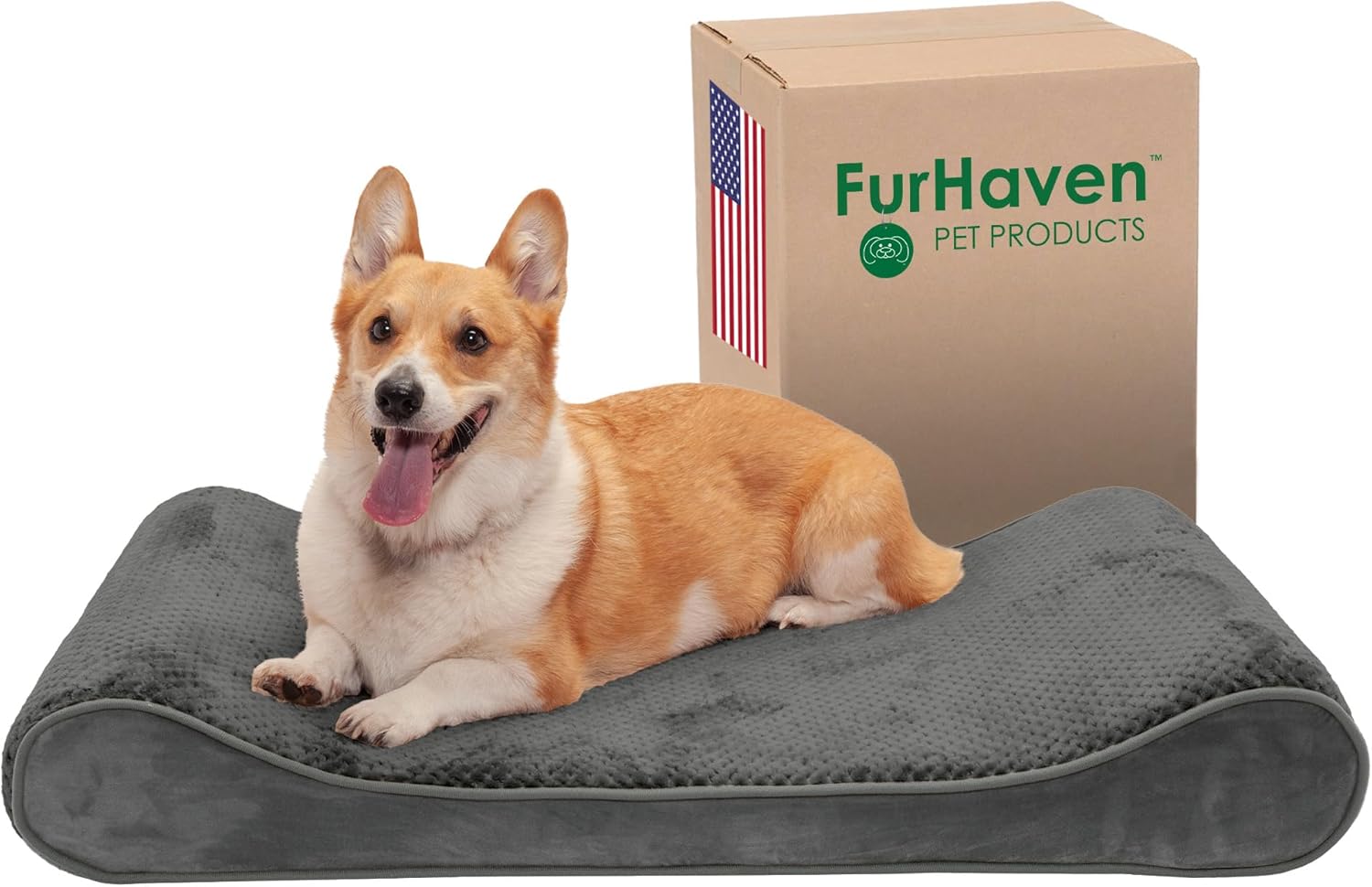 Furhaven Memory Foam Dog Bed for Large/Medium Dogs w/ Removable Washable Cover, For Dogs Up to 38 lbs – Minky Plush & Velvet Luxe Lounger Contour Mattress – Gray, Large