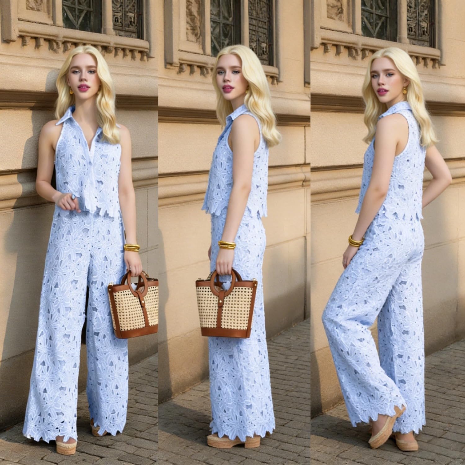 2026 New Women's Two-Piece Floral Lace Lapel Vest Top & Wide Leg Pants Set, Floral Sleeveless Cropped Pants Suit (Blue,Medium)