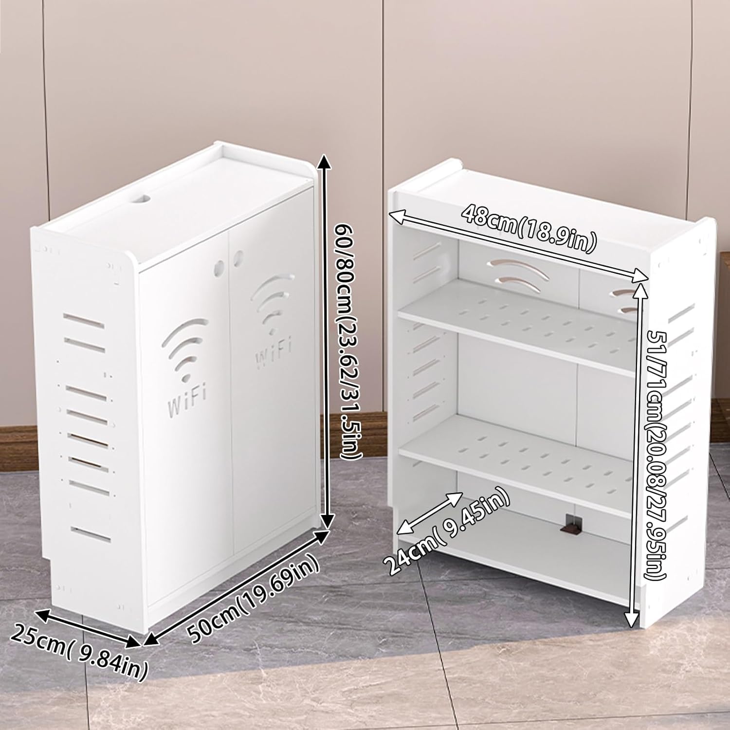 WiFi Router Storage Cabinet WiFi Router Box Hider Openwork Breathable Design Adjustable Shelves Spacious Organized Storage Easy to Install(WiFi Type (Gray),50x60x25cm)