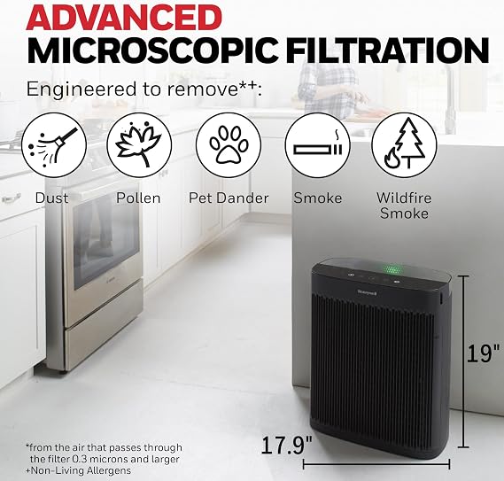 Honeywell HEPA Air Purifier for Home and Large 1700 ft2 Rooms, Black | Powerful HEPA Filtration, Air Quality Monitor, Turbo and Auto Mode, Reduces Allergens, Dust, Pollen, Pet Dander, Odors, Smoke