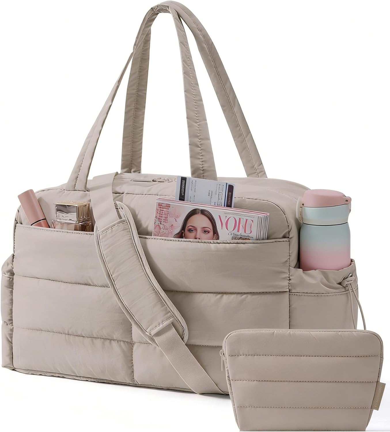 BAGSMART Gym Bag for Women, Lightweight Puffer Duffle Bag 2-PC Travel Bag, 31L Weekender Overnight Bag Quilted Carry On Tote Bag, Diaper Hospital Dance bag for Travel, Gym, Water Resistant, Camel