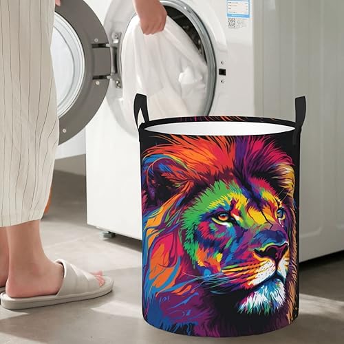 Miniatura 7 de Cesta de lavandería con diseño de león teñido anudado arcoíris, cesta de almacenamiento de ropa sucia, impermeable, plegable, para oficina,