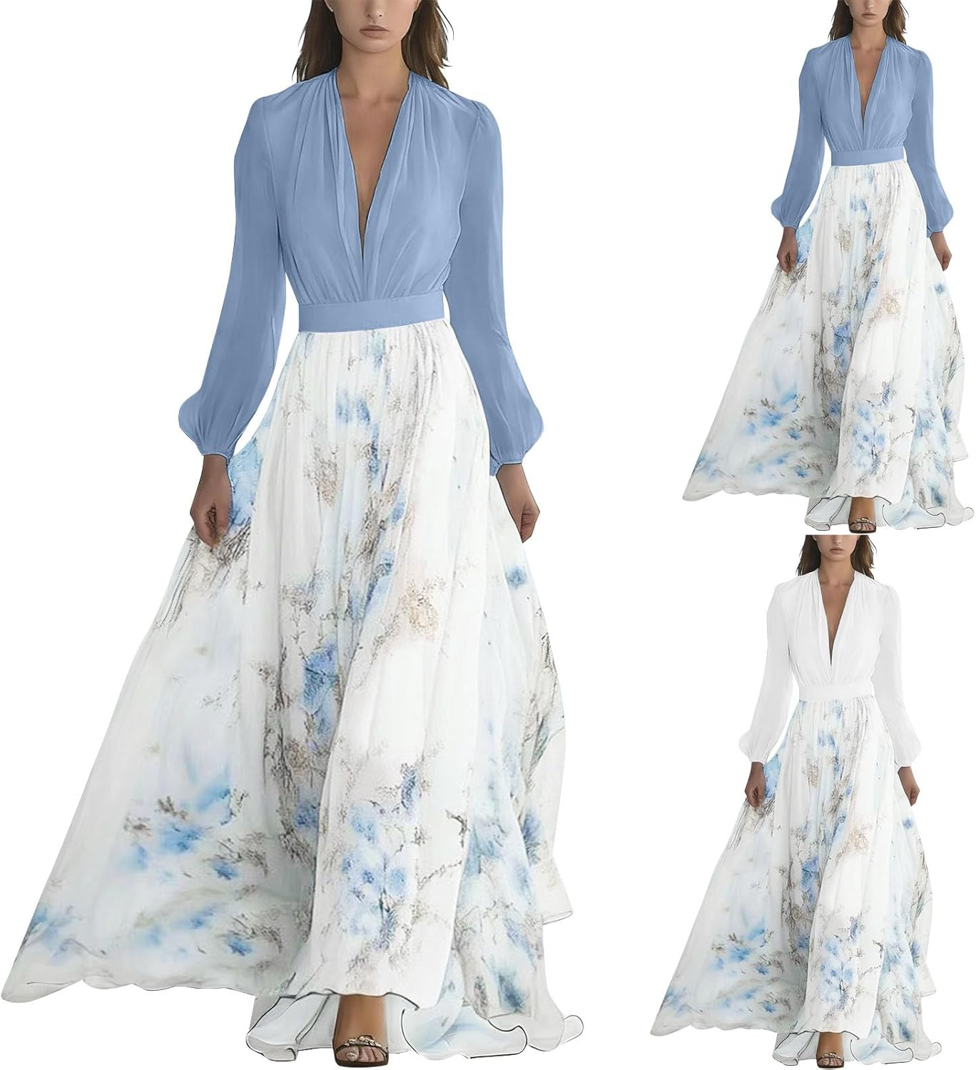 Women's Bohemian Flowy Maxi Dress Deep V Neck Floral Print Lantern Long Sleeve Casual A-Line Vacation Dresses