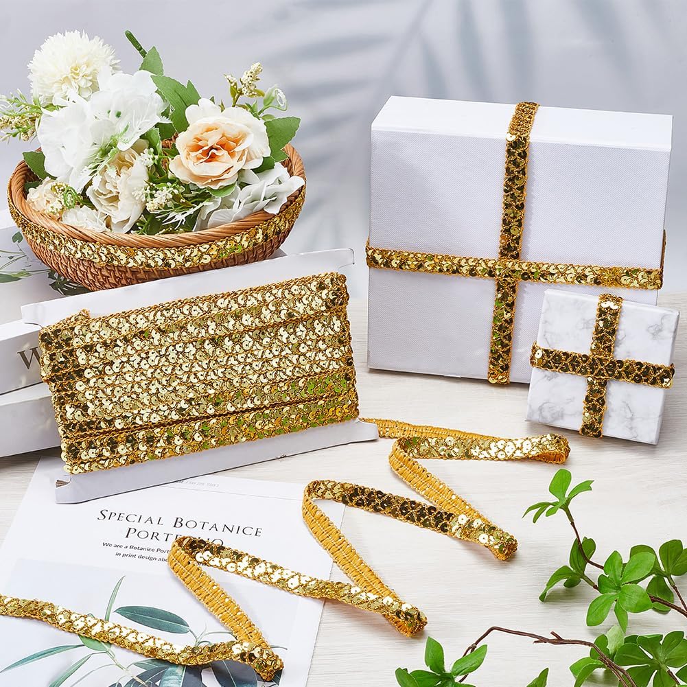 2 Rolls 28.5 Yards Gold Sequin Ribbon Trim Flat Bling Metallic Paillette Braid Trimming Glitter Sequins Spangle Beaded Strip Bulk for Sewing Making Crafts Clothes Dresses Wedding Home Decor
