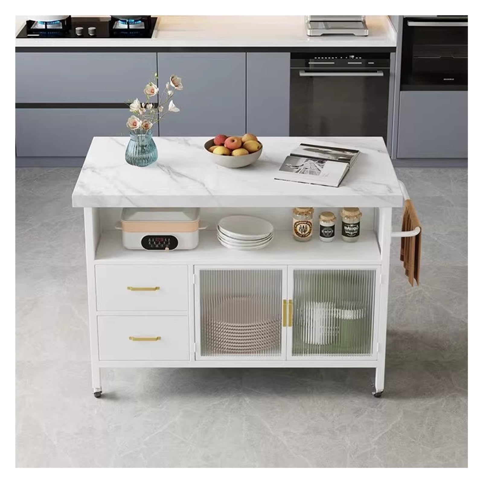Carrello da cucina Carrello portaoggetti mobile in metallo con isola da cucina con piano in pietra e armadietto con cassetti(White,M)