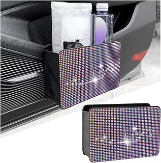 KHGUZ Bling Car Trash Can, Leather Foldable Crystal Rhinestone Vehicle Hanging Trash Organizer Holder Bin, Mini Auto Dustbin Garbage Storage Bag Container, Universal for SUV Truck RV (Multicolor)
