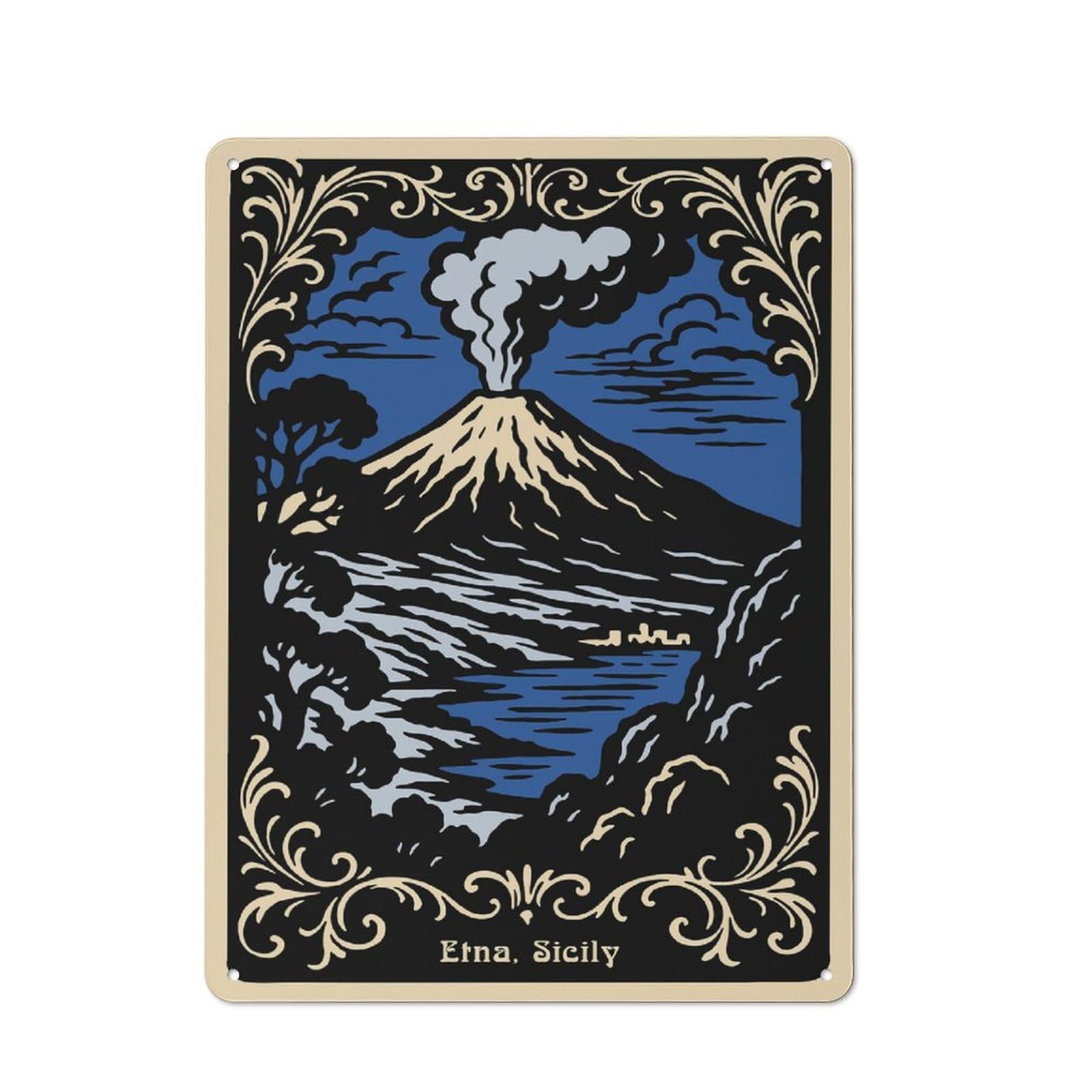 Junmoney Style-2 Etna, Sicily Volcanic Landscape Art Workshop Style Metal Wall Decor 40X30cm, Garage Metal Sign For Workshop, Basement, Shed Or Games Room