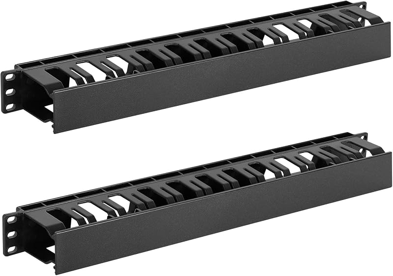 Paquete de 2 administradores de cables horizontales en rack para servidores de 1U con cubierta, administrador de cables de plástico de 2,6 pulgadas de profundidad, organizador de conductos de cables con 12 ranuras para montaje en rack, para gabinete AV/IT/datos/audio y red de 19 pulgadas
