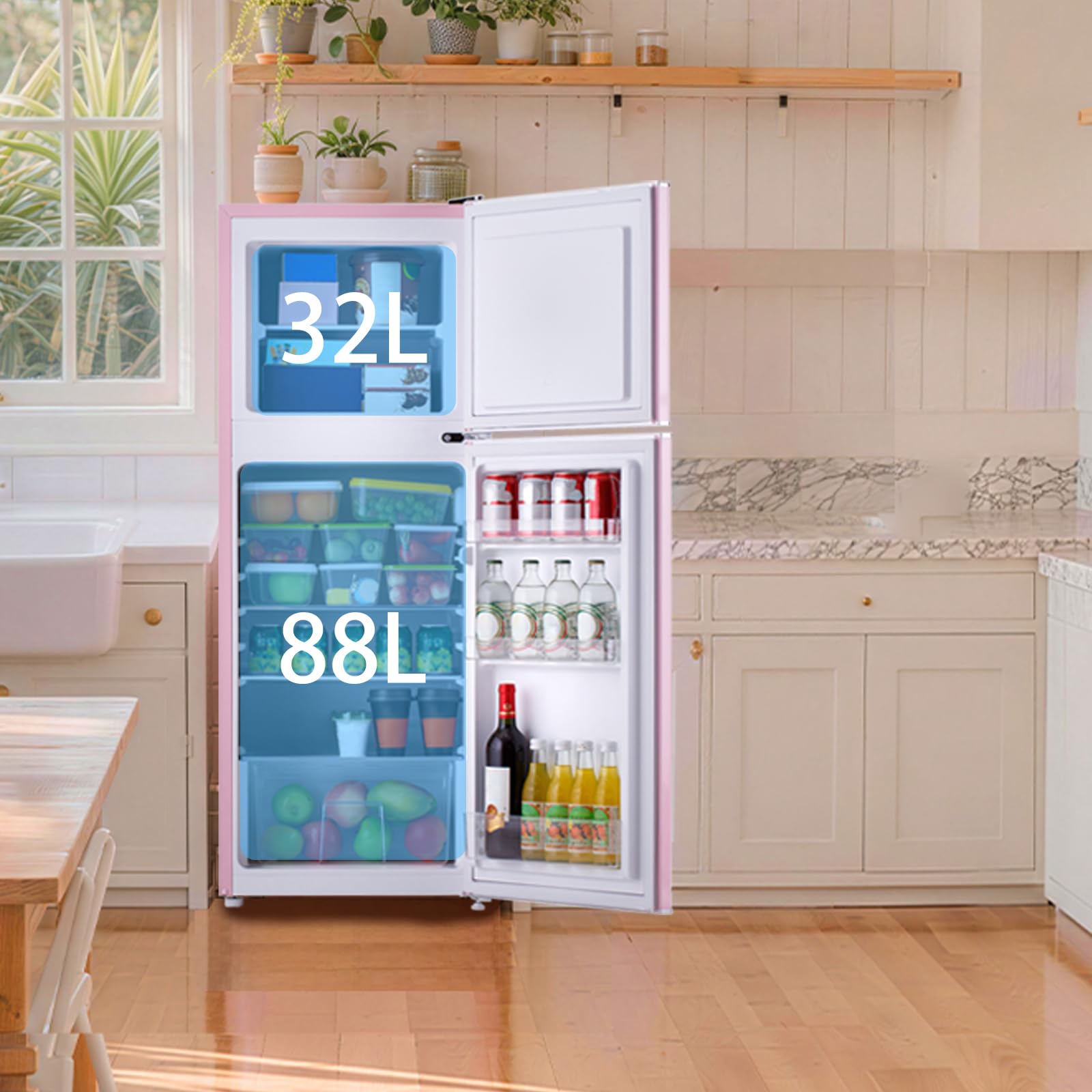 magictec Frigo vintage,Retro réfrigérateur congelateur | 120 L (88 L/32 L congelateur) | Low Frost | Combiné refrigerateur congélateur | Design vintage | Éclairage LED | Rose