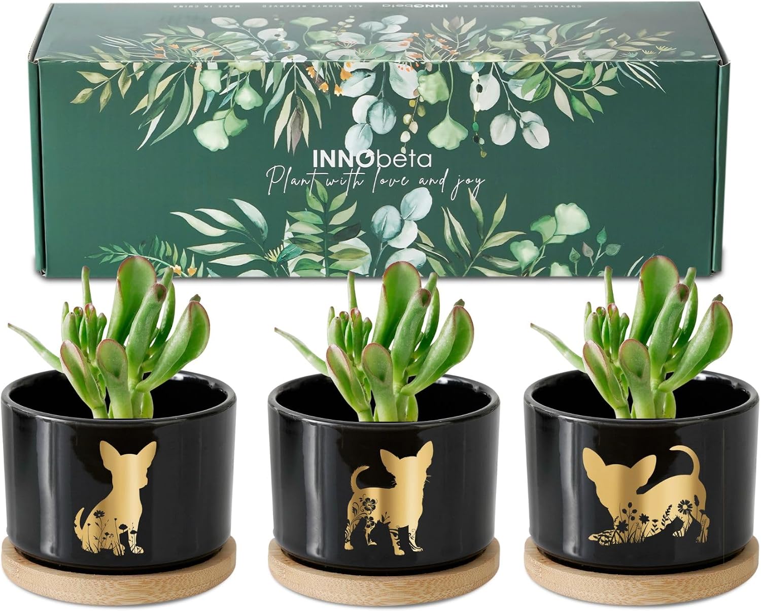 InnoBeta Chihuahua Gifts for Women Dog Mom - Ceramic Succulent Planters Set of 3 - Dog Silhouette Pots with Bamboo Tray in Gift Box
