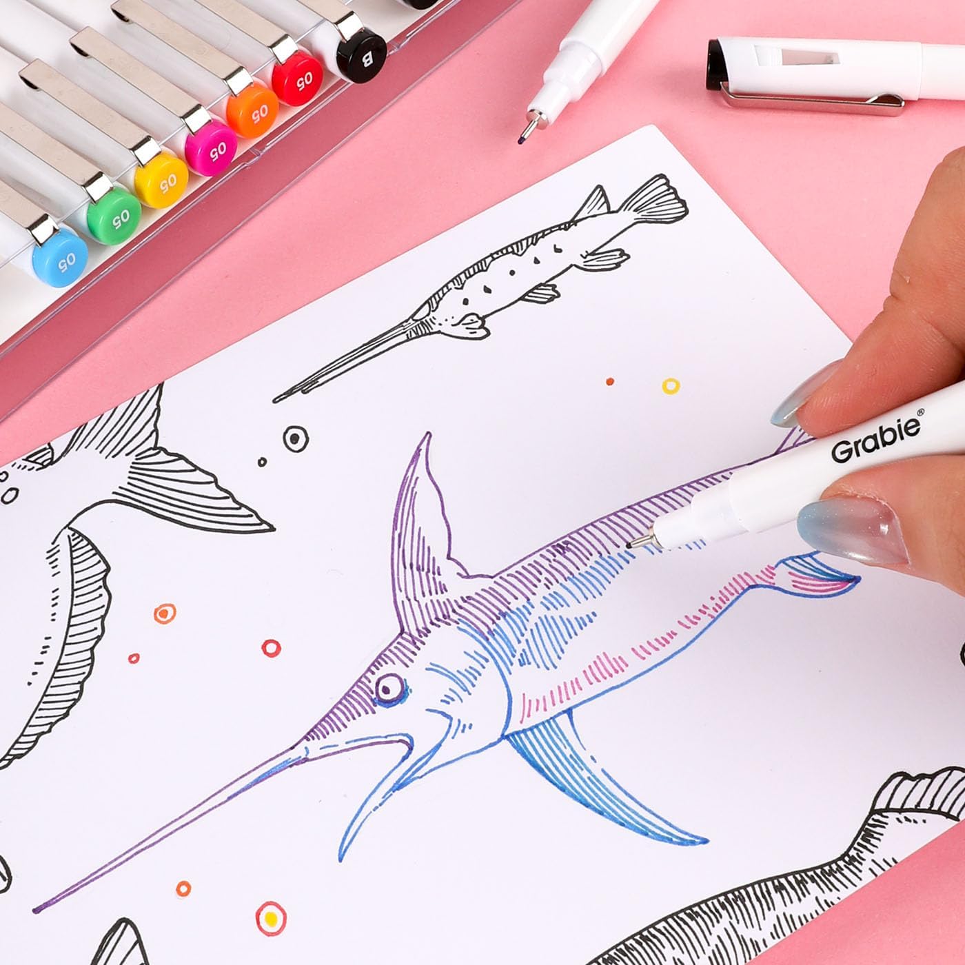 Grabie Micro Finerliner Pens, 10 Multicolor Fine Line Waterproof Drawing Pens, Assorted Point Sizes for Sketching, Illustration, Journaling, Art Supplies