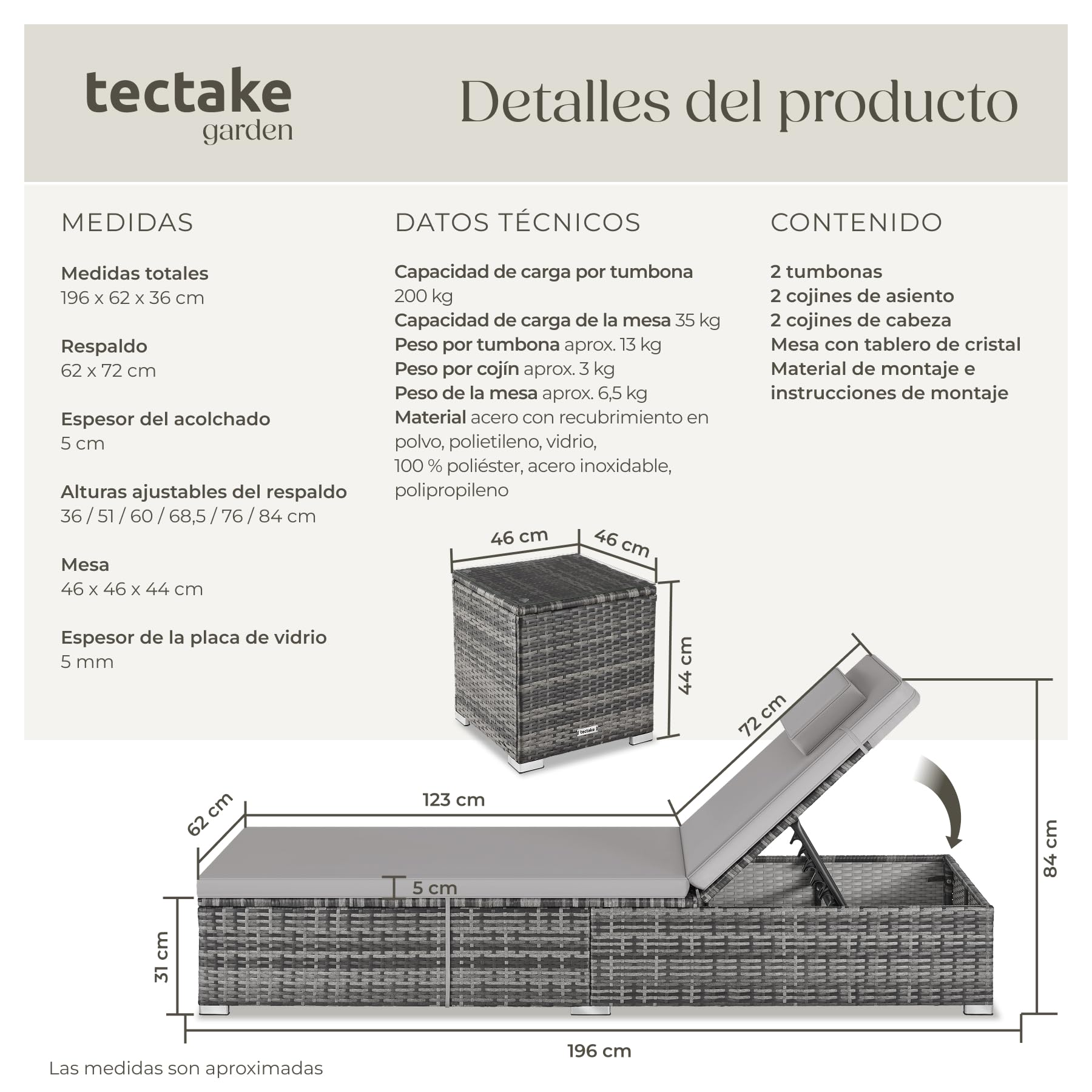 tectake® Set de 2 Tumbonas Jardin Exterior, Tumbonas Piscina, Muebles Jardin Exterior, Tumbona Plegable, Tumbona Terraza con Mesa, Respaldo Ajustable 6 Posiciones, Acolchado Extraíble - Gris