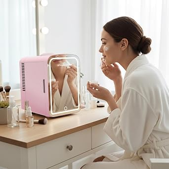 FRIGIDAIRE Mini Personal Fridge Cooler, LED Lighted Mirror, 6.5L Capacity, 9 Cans, 100% Freon-Free & Eco Friendly, for Makeup, Skincare, Portable, Pink
