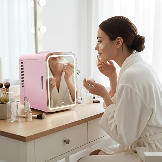 FRIGIDAIRE Mini Personal Fridge Cooler, LED Lighted Mirror, 6.5L Capacity, 9 Cans, 100% Freon-Free & Eco Friendly, for Makeup, Skincare, Portable, Pink