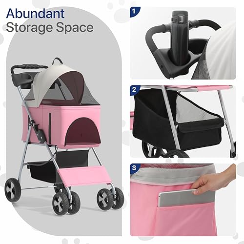Miniatura 12 de Cochecito plegable 3 en 1 para perros con portador desmontable y portavasos, cochecito de viaje plegable de 4 ruedas para perros y gatos