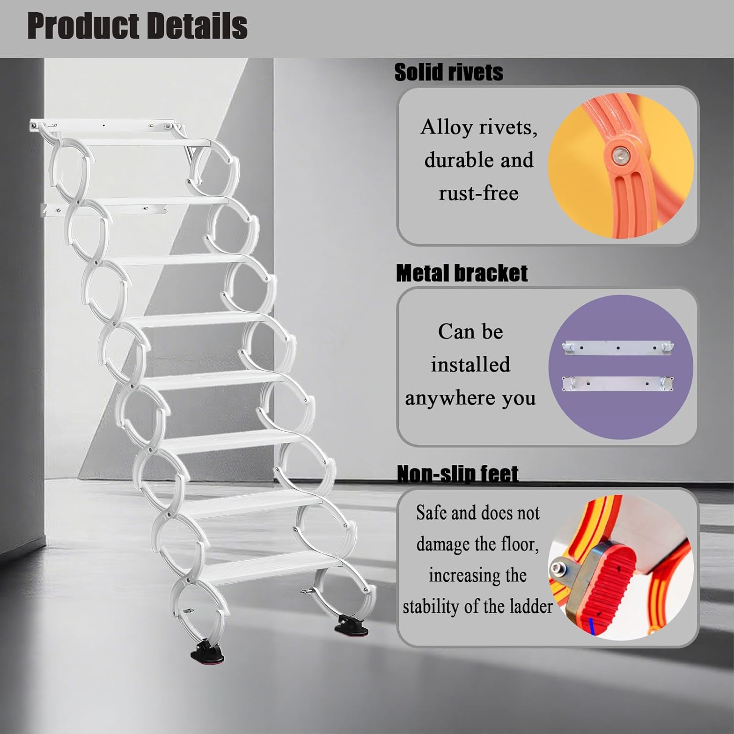 Wall Mounted Attic Ladder, Indoor Attic Stairs Pull Down System, Metal Telescoping Step Ladders, Telescopic attic Ladder, Loft Extension Steps Staircase for Garage (Black, 6 Steps)