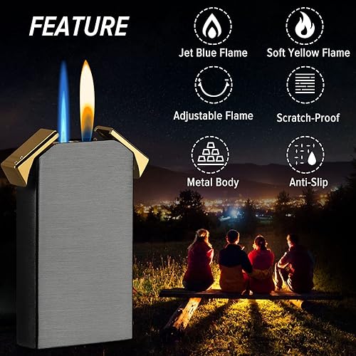 Miniatura 3 de Kantion Encendedor de doble llama, encendedor de chorro conmutable y encendedor de llama suave, encendedor de butano recargable, encendedores de