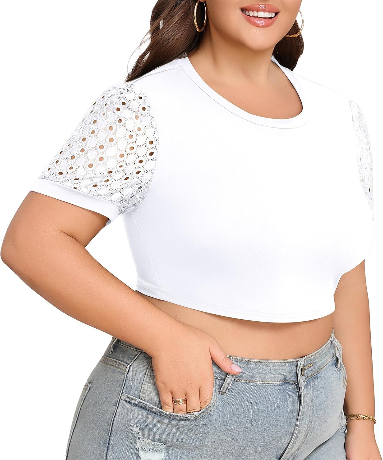 Lastshe Womens Plus Size Crop Tops Summer Trendy Basic Workout Tshirts Lace Short Sleeve Cute Cropped Athletic Tee - Image 4