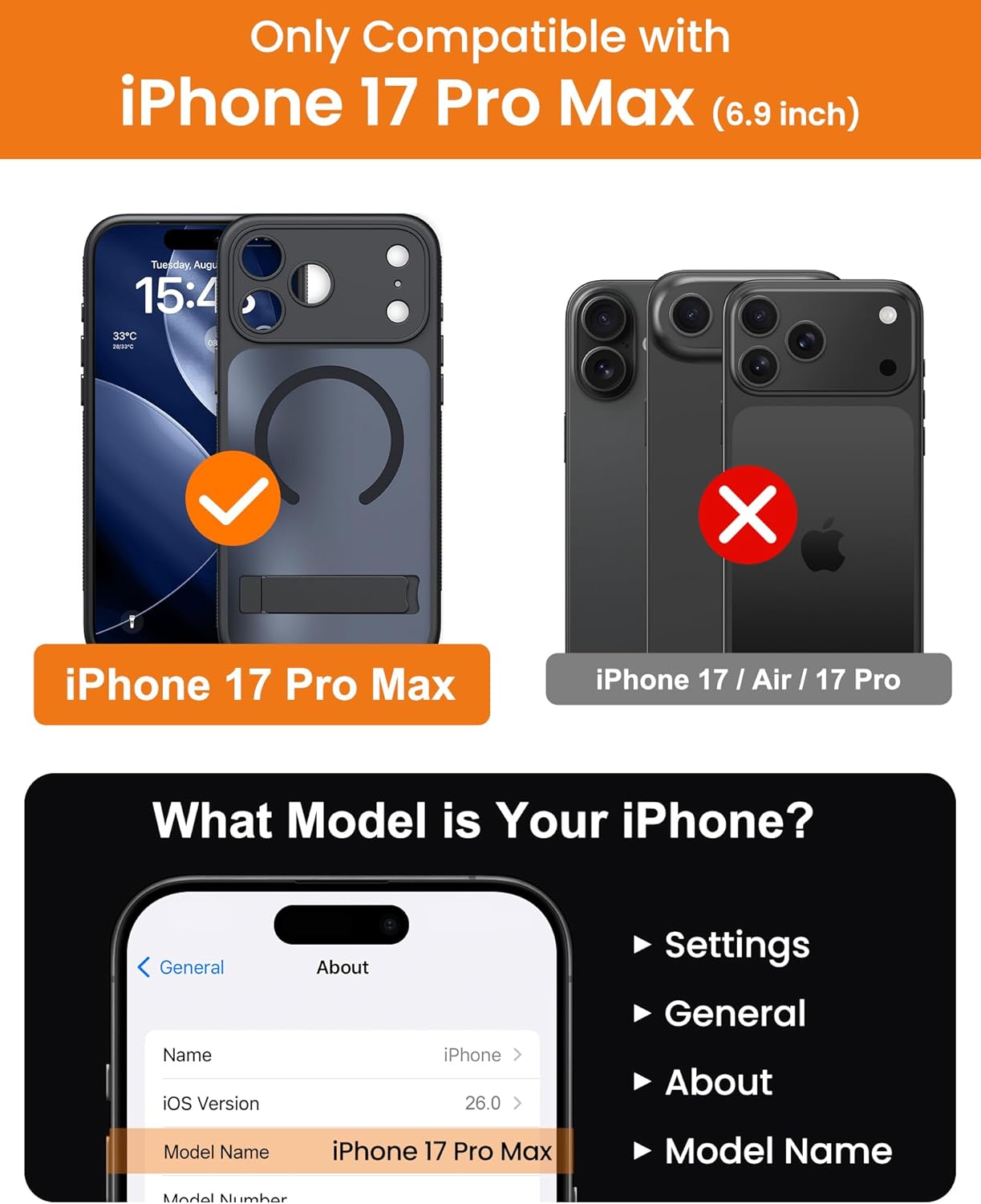 for iPhone 17 Pro Max Case with Stand, Magnetic Compatible with MagSafe, Camera Control Button, Full Lens Protection, Rugged Military Grade Drop, Translucent Matte Slim Case for 17 Promax, Black - Image 2