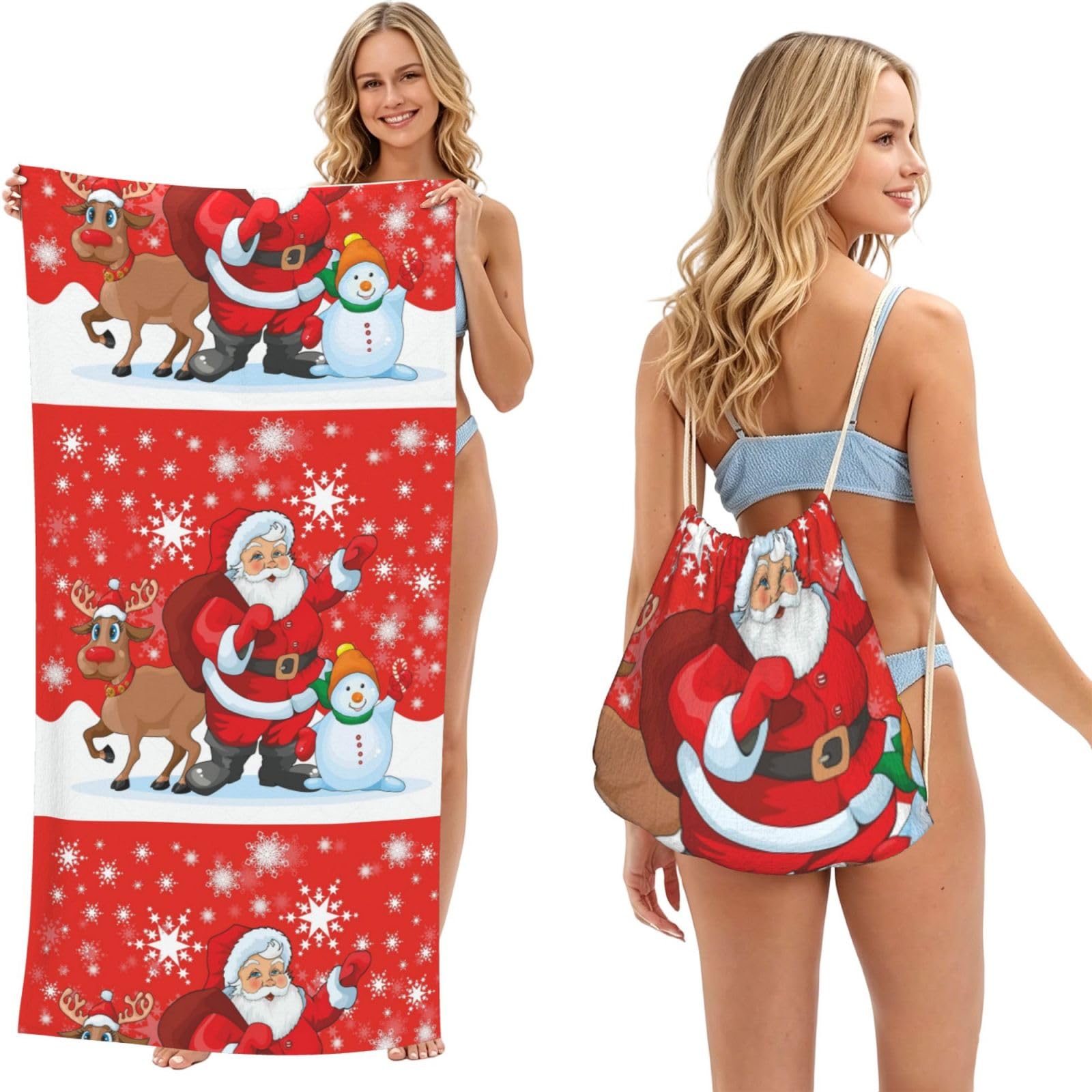 Poadnly As Picture Santa Reindeer And Snowman With Snowflake Printed, 2 In 1 Packable Towel Bag, Beach Towels With Drawstring Backpack For Travel Holiday Camping