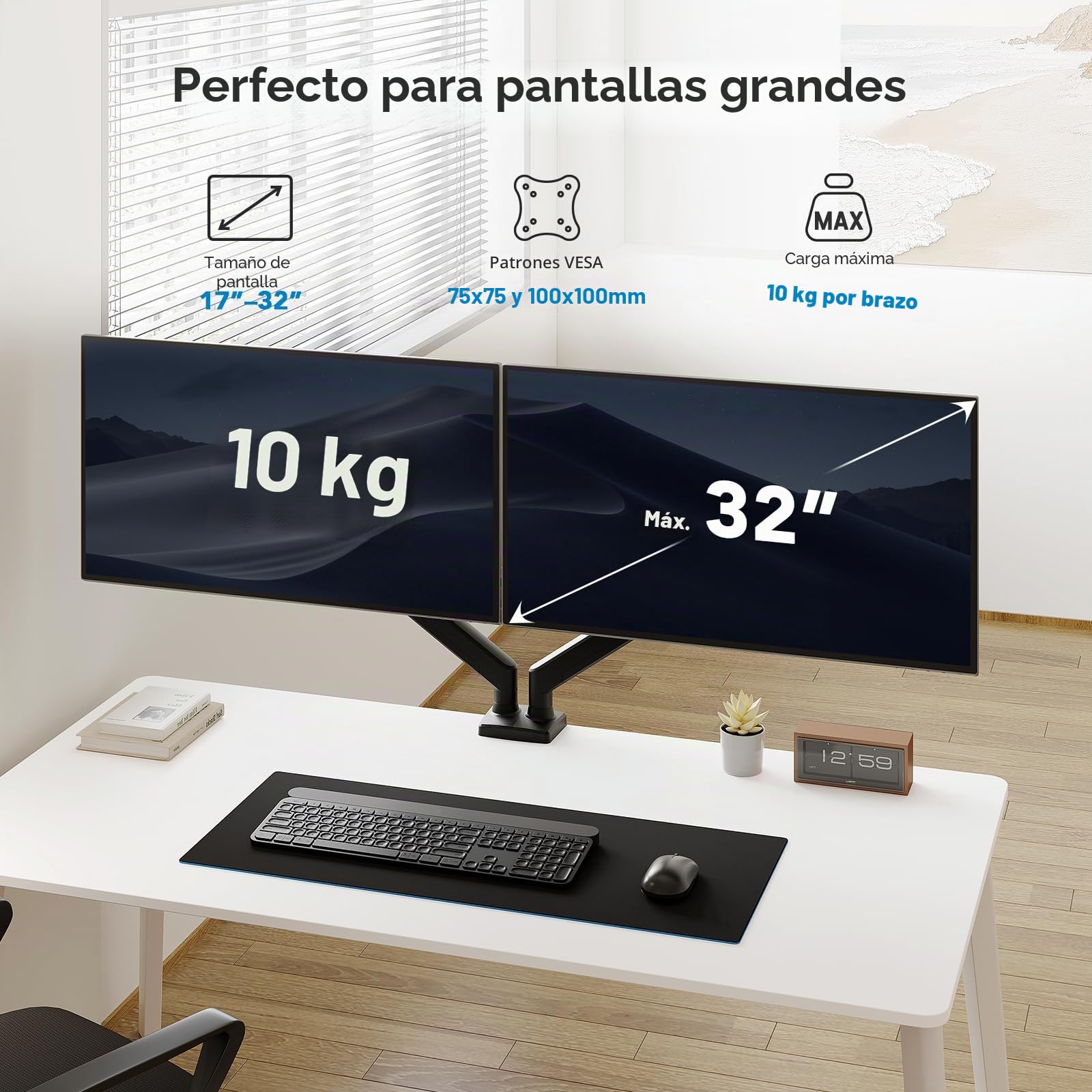 HUANUO Soporte Monitor Doble para 2 Monitores hasta 32 pulg, Cada Brazo Soporta MAX. 10kg, Brazo Monitor Doble con Ajustable en Alt/Inclin/Gir/Rot, Estándar VESA 75mm o 100mm