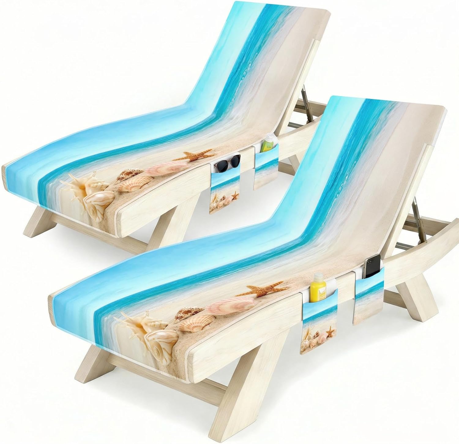 Lounge Chaise Chair Towel Covers (Pack of 2), Beach Chair Cover with 3 Pockets for Pool Outdoor Beach Garden Patio Trips,85 X30 in (Sea Shells Starfish)