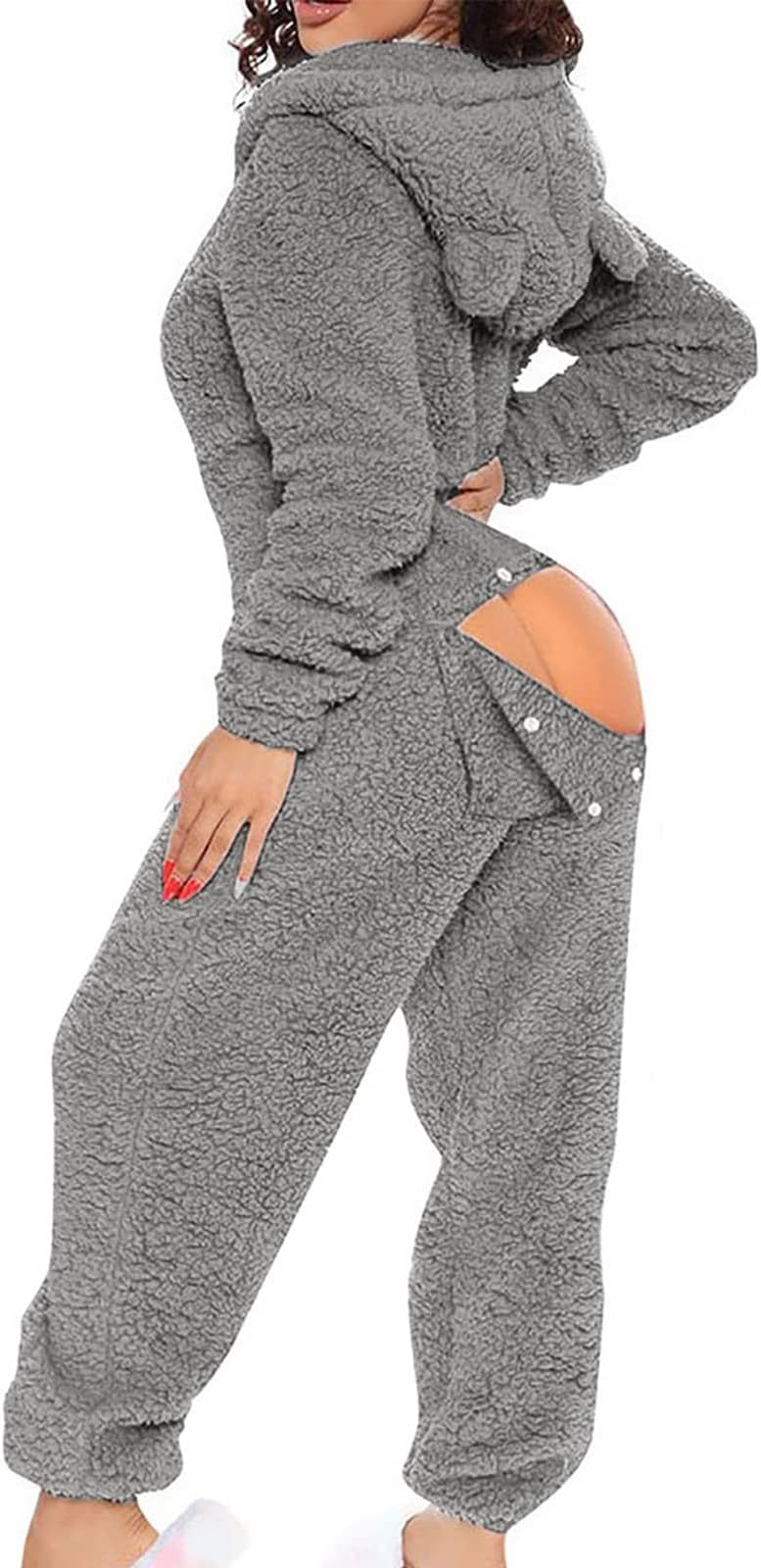 Butt Flap Onesie Pjs for Adults Womens Fleece Hooded One Piece Pajamas V Neck Fluffy Jumpsuit for Women