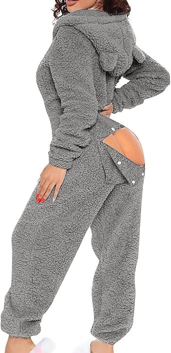 Butt Flap Onesie Pjs للبالغين النساء الصوف مقنع قطعة واحدة منامة V الرقبة رقيق بذلة للنساء
