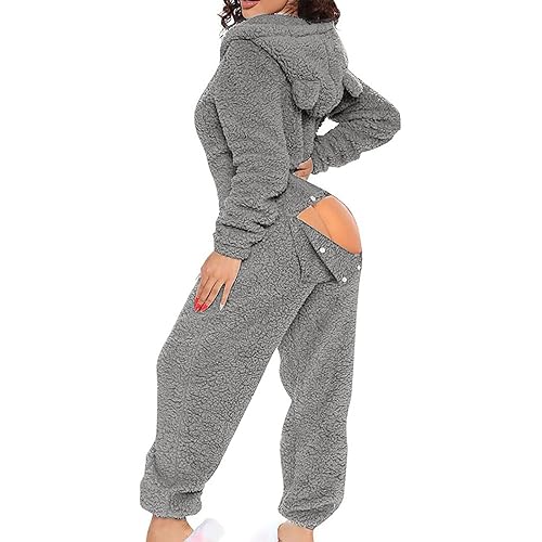Women One Piece Fuzzy Warm Sherpa Hooded Pajamas Jumpsuit Onesie Butt Flap Women Adult Sleepwear