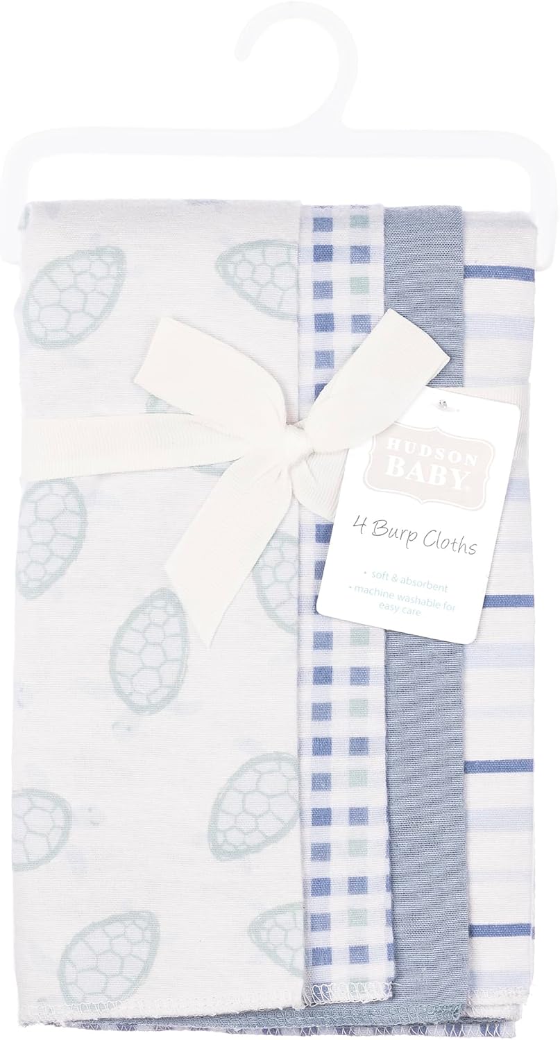 Hudson Baby Cotton Flannel Burp Cloths 4-Pack, Little Sea Turtle, One Size