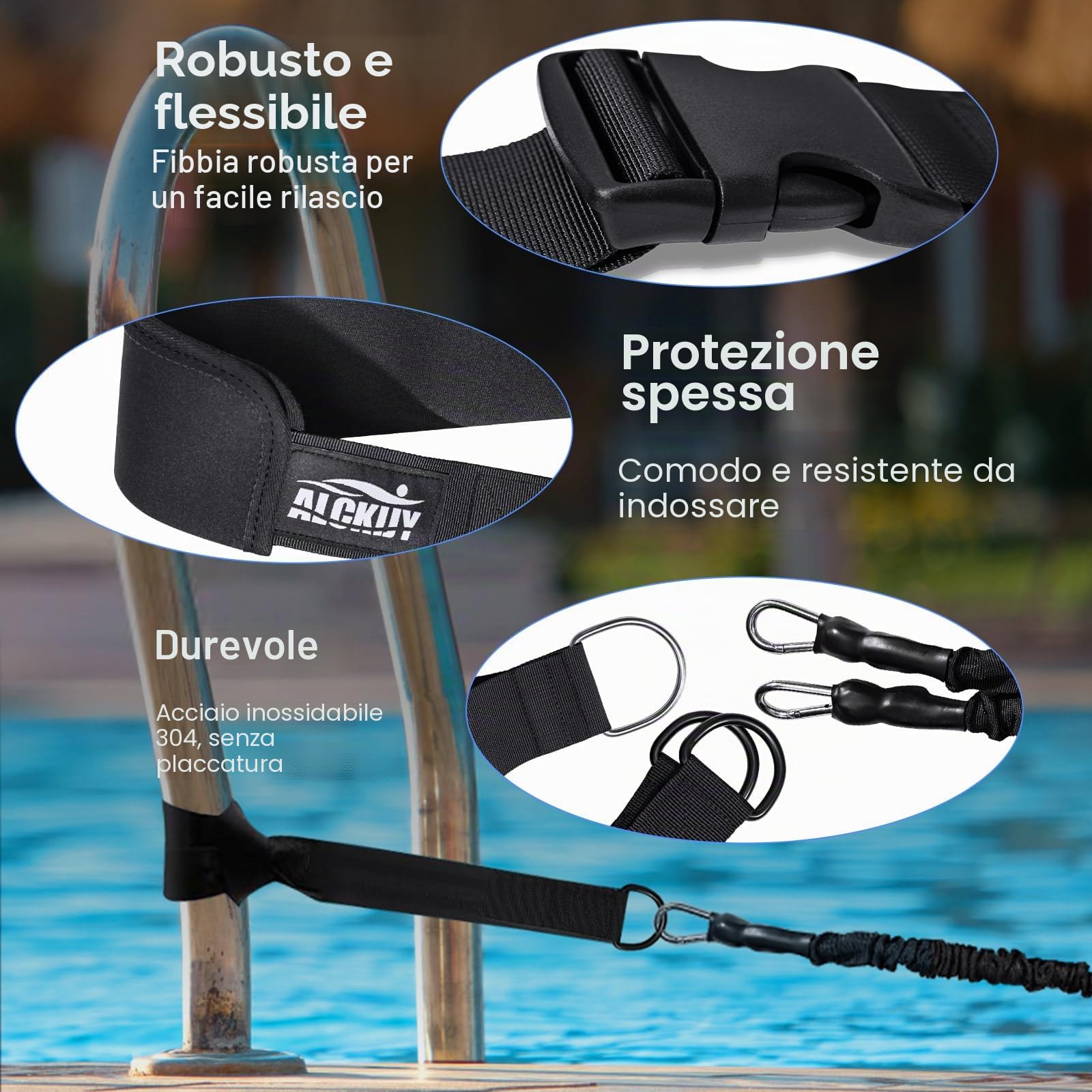 Cintura di nuoto per piscine | 2,5-7,5M Cintura di resistenza regolabile | Adatta per adulti e bambini | Accessorio di nuoto per tutte le piscine