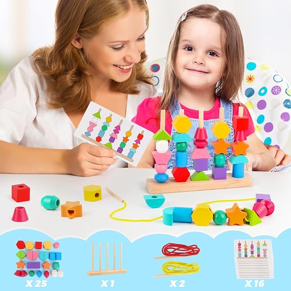 Hieoby Montessori Wooden Beads Sequencing Toy Set, Stacking Blocks & Lacing Beads & Matching Shape Stacker, Montessori Toys for 3 4 5 Year Old STEM Preschool Learning Toys Gifts for Kids Boy Girl