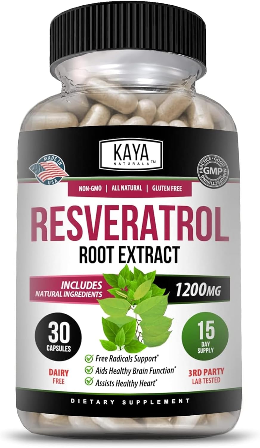 Kaya Naturals – Resveratrol Capsules – Anti Aging Supplement – Antioxidants with Brain Support – Maximum Benefits – 30 Veggies Capsules