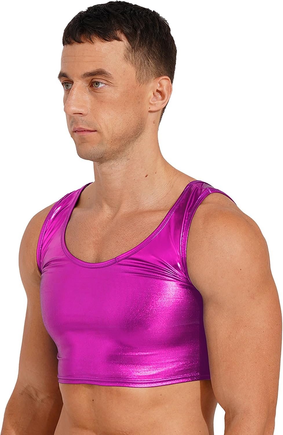 Lejafay Men's Shiny Metallic Muscle Tank Crop Top Sleeveless Fitness Gym Sports Half Top Tee Vest