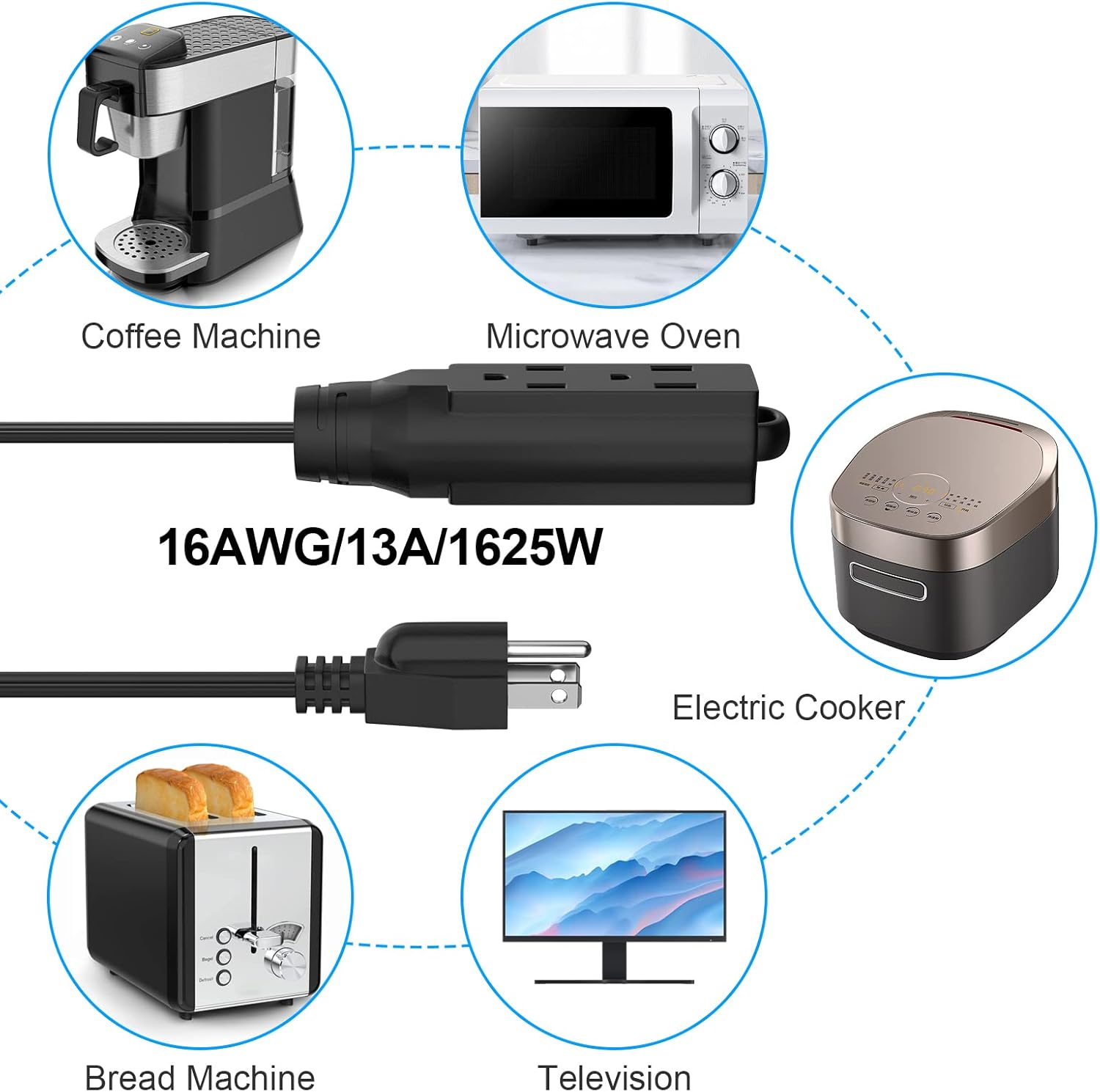 1 Ft Short Power Extension Cord, HICITY 3 Outlet Extension Cord, 3 Prong Grounded Wire, SJT 16 AWG Flexible Power Cord, 13 Amp, 125V, 1625 Watts, Black - 2 Pack