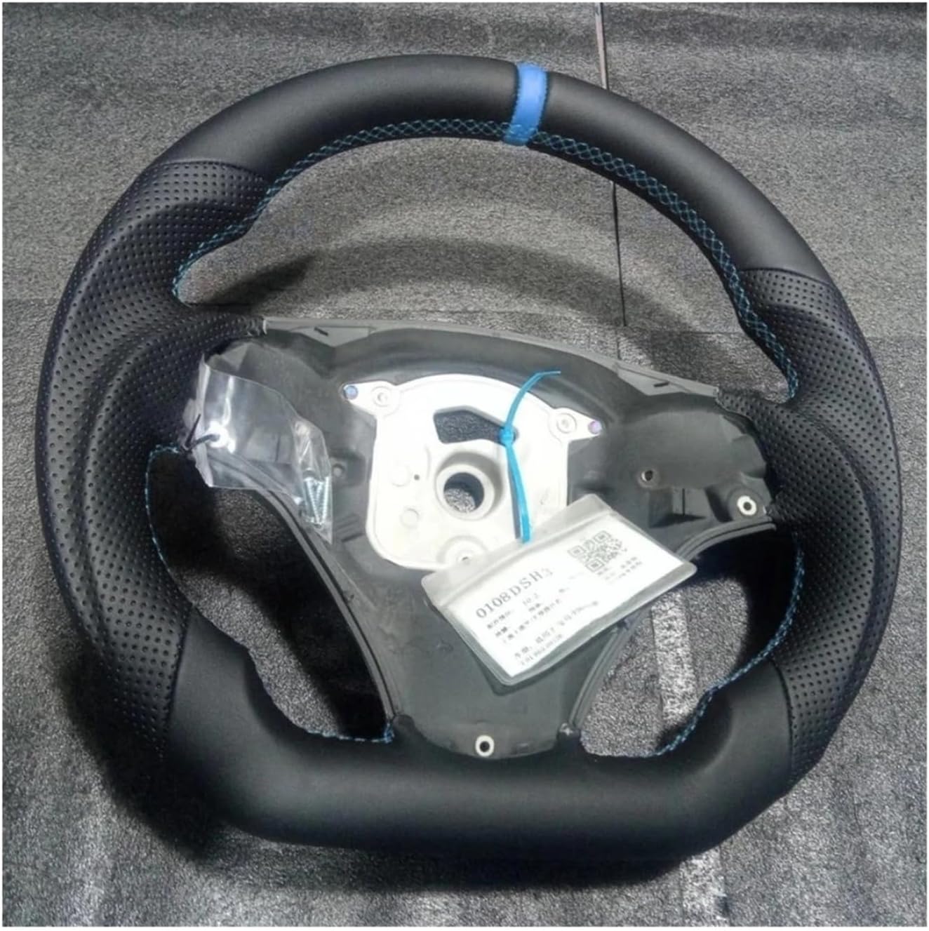 Leather Steering Wheel Compatible For BMW E90 E92 E93 M3 328i 335i 135i E60 Steering Wheel Flat Bottom Red Stripe Car Accessories 2005-2012(Black Big Holes)